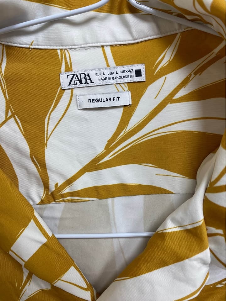 Zara Mustard Leaf Print Hawaiian Shirt Mens L - photo 2