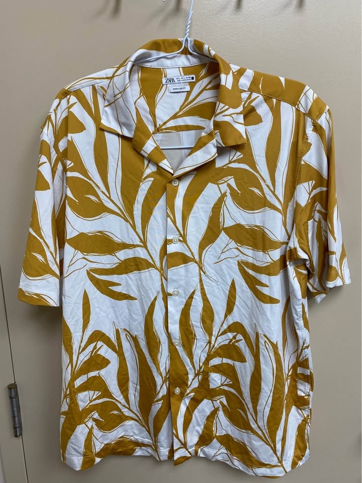 Zara Mustard Leaf Print Hawaiian Shirt Mens L - photo 3