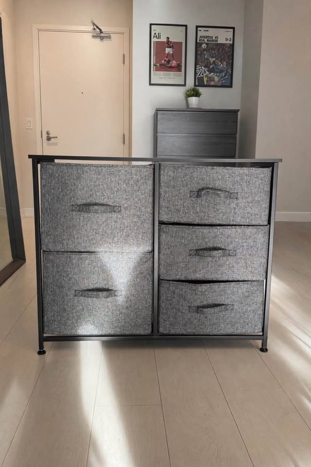 Gray Fabric 5 Drawer Dresser with Black Frame