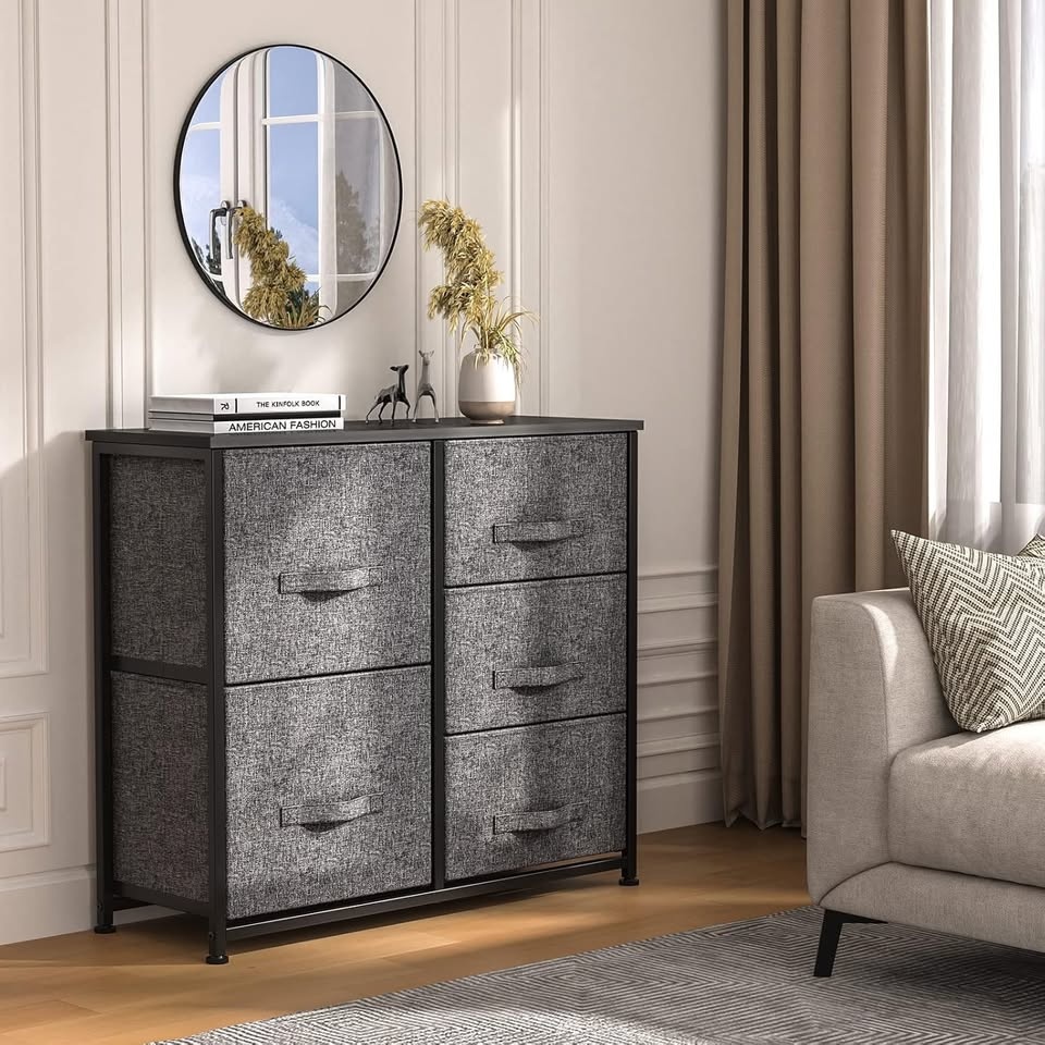 Gray Fabric 5 Drawer Dresser with Black Frame - photo 2