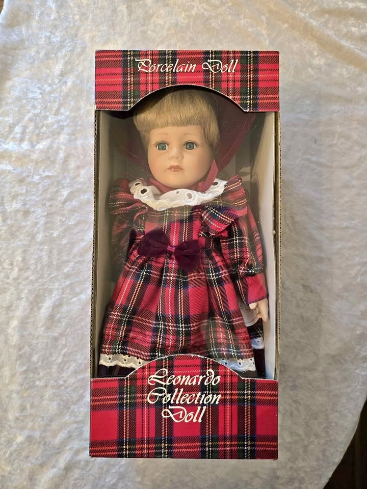 Vintage Porcelain Doll in Red Plaid Dress - New in Box