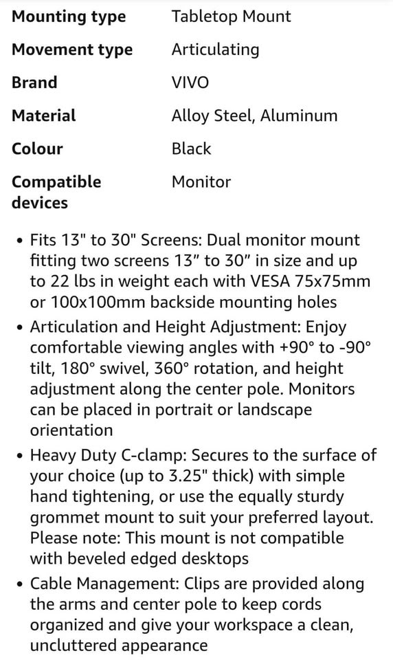 VIVO Dual Monitor Mount - photo 3