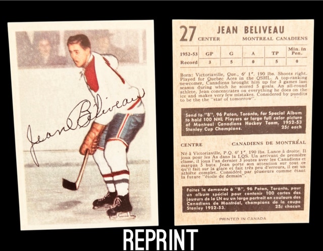 1953 Jean Beliveau Parkhurst Rookie Card REPRINT