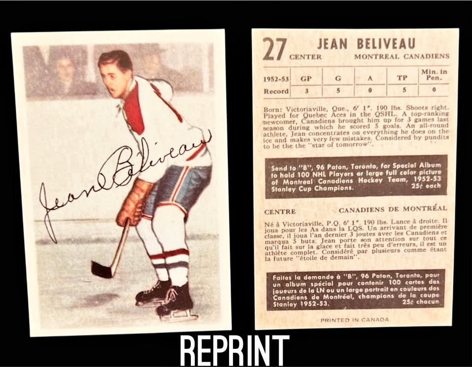 1953 Patkhurst Jean Béliveau Rookie Card REPRINT