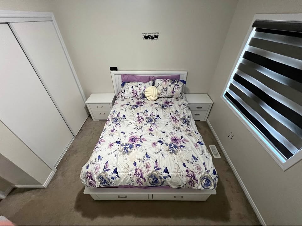 White Queen Bed Frame w/ Storage + 2 Nightstands