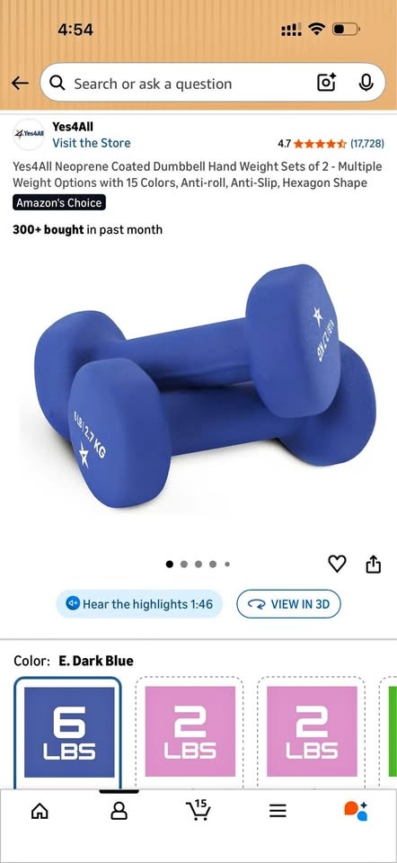 Two 6lb dumbbells and yoga mat