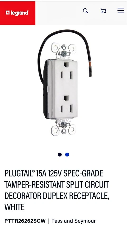 Legrand Plugtail 15A 125V Tamper-Resistant Split Circuit Recepta