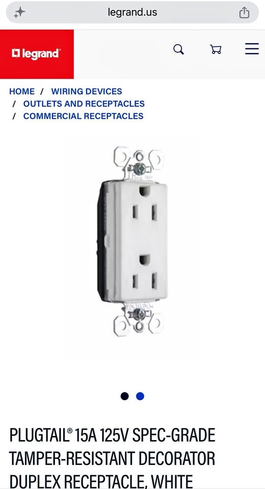 Legrand Plugtail 15A 125V Tamper-Resistant Duplex Receptacle (Wh