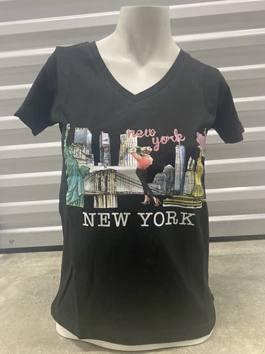 Women's V-Neck Black T-Shirt - Size L - New York Logo