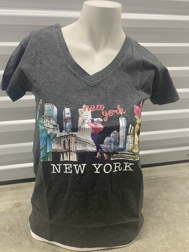 Women's V-Neck Dark Grey T-Shirt - New York Logo - Size L
