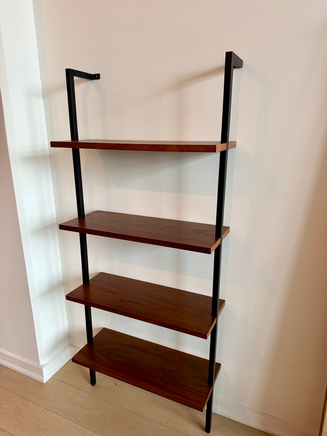 CB2 Helix 70” Walnut Bookcase – Black Steel Frame