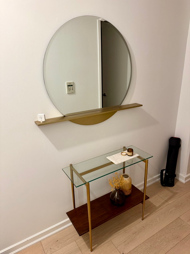 CB2 Perch Round Mirror with Shelf (36”) – Brass - photo 4