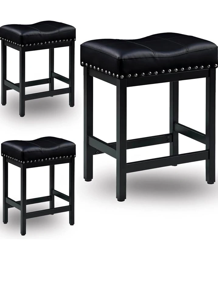 Black Bar Stools Set of 2, 24" Leather Counter Height