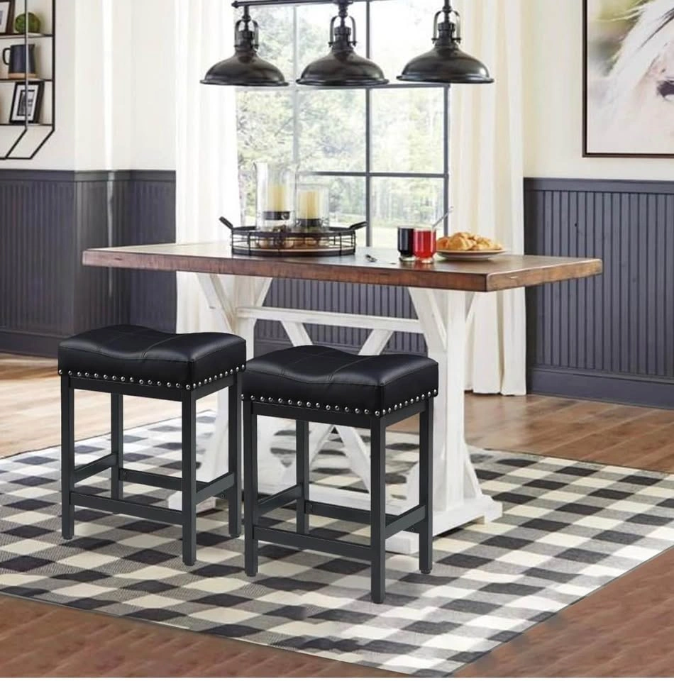 Black Bar Stools Set of 2, 24" Leather Counter Height - photo 4