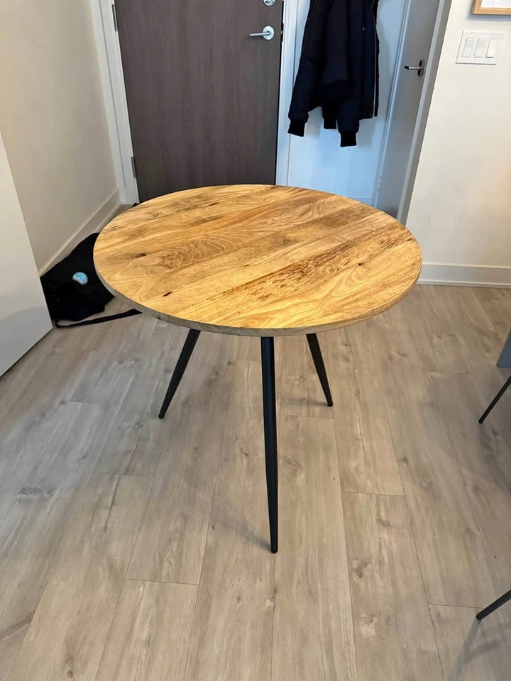 West Elm Round Dining Table – 30" Diameter – Wood Top & Black Le