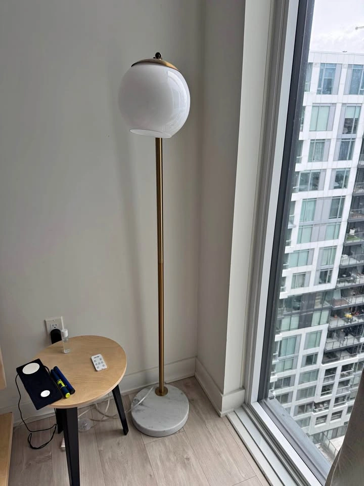 Modern Brass Floor Lamp with White Glass Globe Shade & Marble Ba