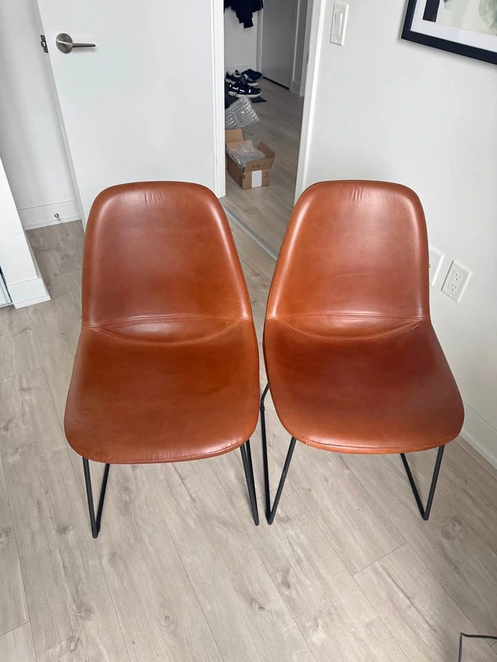 Set of 2 Genuine Leather Dining Chairs - Cognac Brown