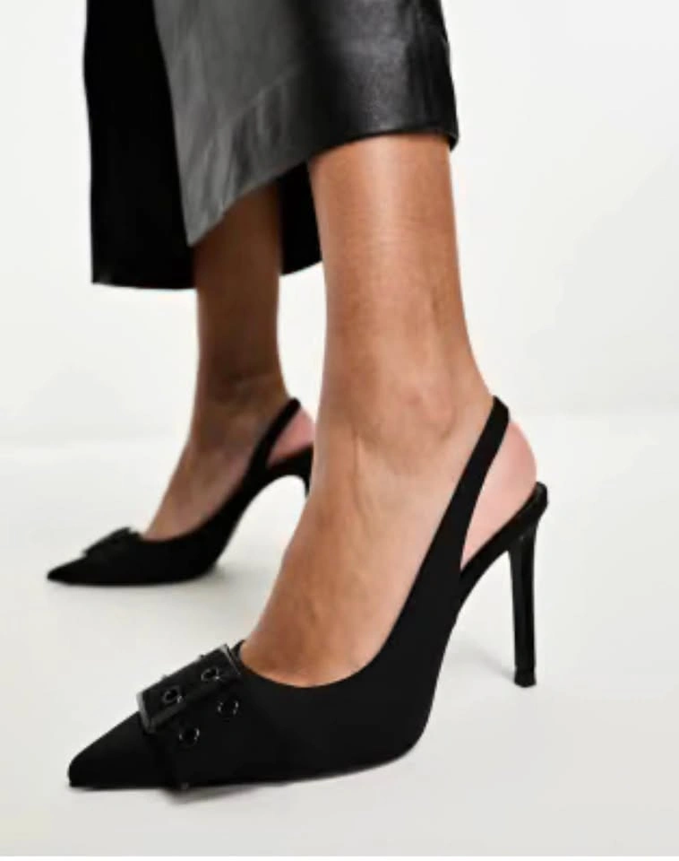 Stradivarius pointed toe buckle detail sling black kitten heel