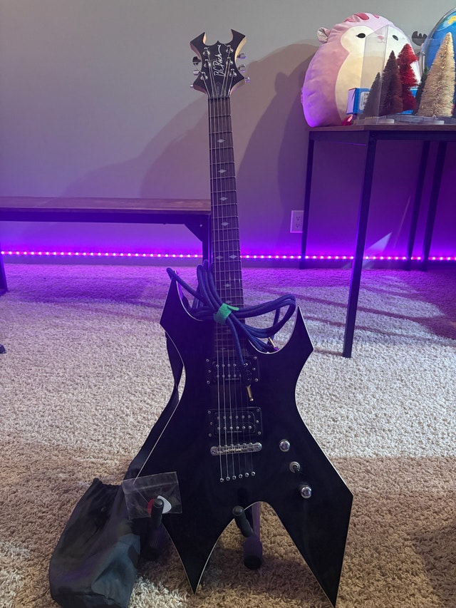 BC Rich Warlock Guitar + Accessories Bundle – Amp Cable, Stand