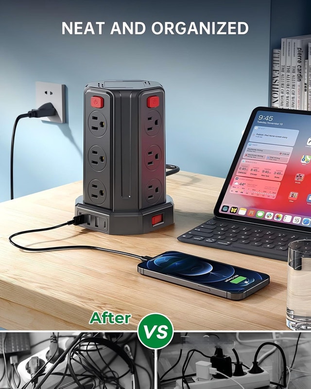 Tower Power Strip with Surge Protector – 12 Outlets + USB Ports - photo 3