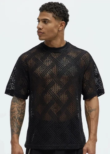 Fulton Crochet Knit Short Sleeve Tee - Black Size L