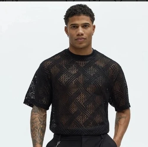 Fulton Crochet Knit Short Sleeve Tee - Black Size L - photo 2