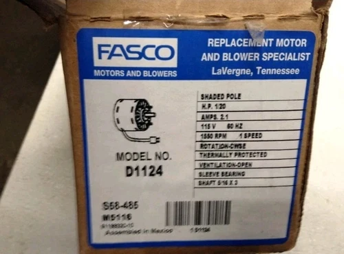 Fasco D1124 HVAC Motor, 1/20 HP, 1550 RPM, 1 Speed