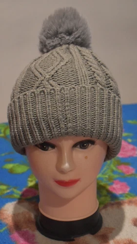 Women's Fur Lined Hat with Pompom - One Size