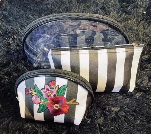 Pack of 3 White Cosmetic Bags with Stripes & Flowers