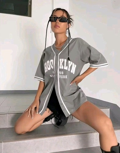 Brooklin grey Women Button-Down Baseball Shirt, Streetwear, Size