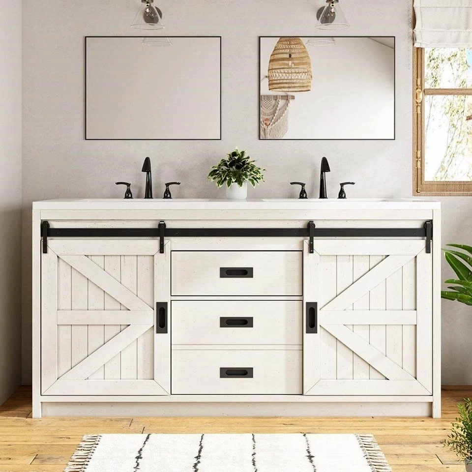 60" Farmhouse Double Bathroom Vanity - Sliding Barn Doors (White