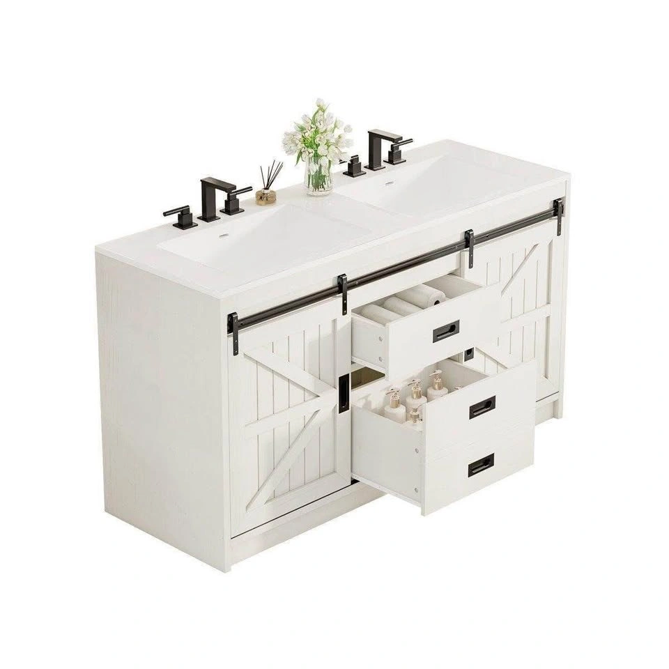 60" Farmhouse Double Bathroom Vanity - Sliding Barn Doors (White - photo 2