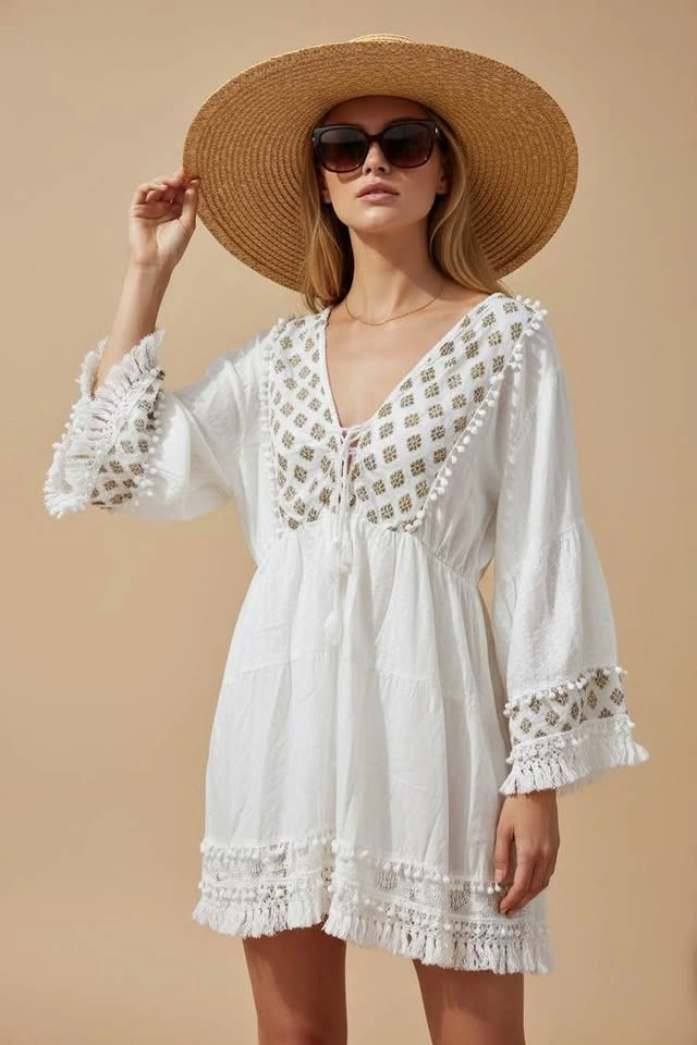 Shiva White Embroidered Boho Mini Dress One Size Swim Beach Cove