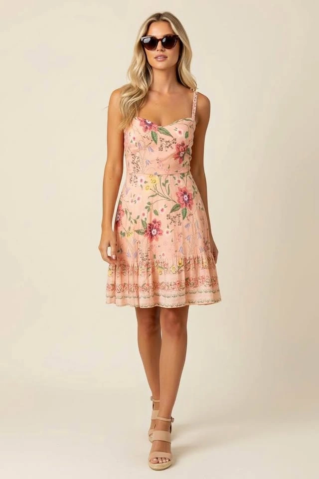 Old Navy Peach Floral Smocked Back Ruffle Sun Dress - Size S
