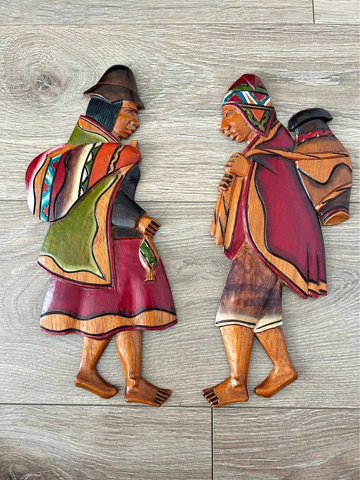 Vintage Peruvian Hand-Carved Wood Wall Art – Pair of Andean Figu