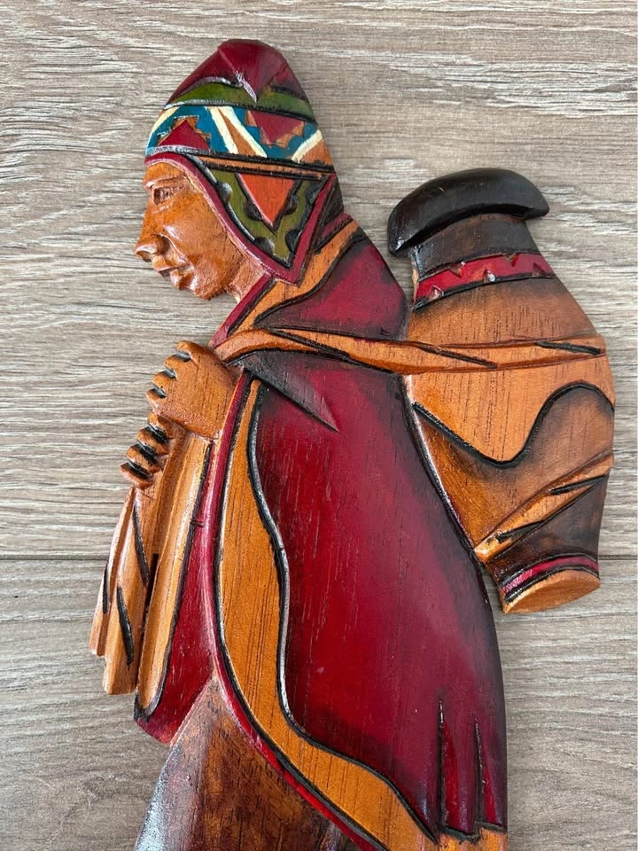 Vintage Peruvian Hand-Carved Wood Wall Art – Pair of Andean Figu - photo 4