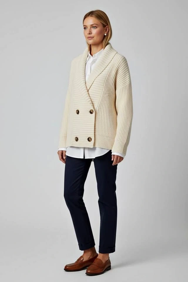 Joe Fresh Cream Ribbed Double Breasted Cardigan - Large