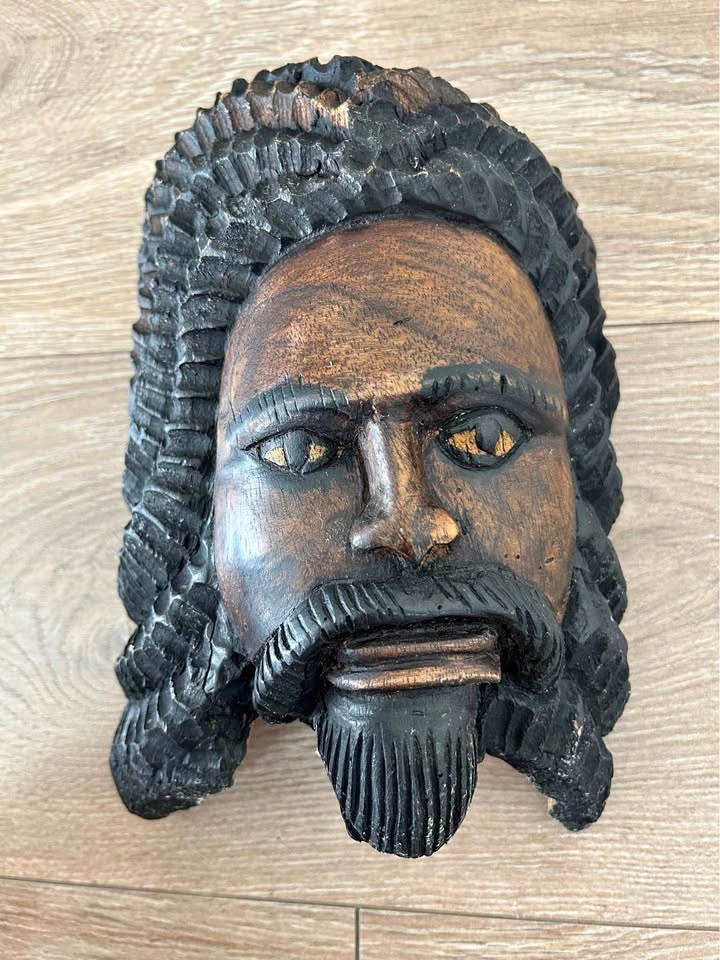 Hand-Carved Wooden Wall Mask – Folk Art Portrait Sculpture