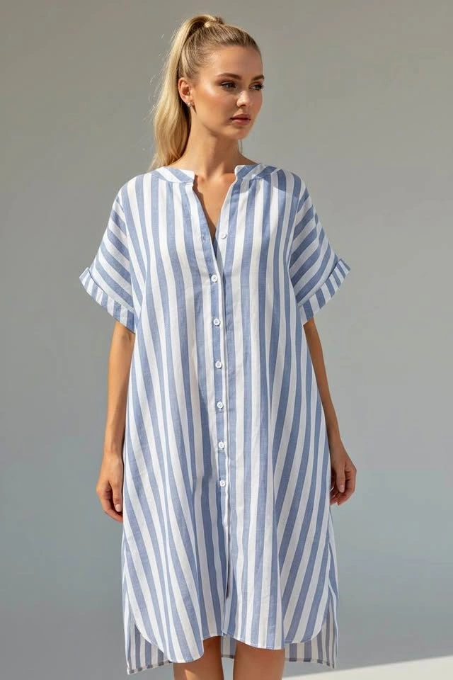 NEW Blue White Striped Shirt Dress Size L Summer Beach Cover Up