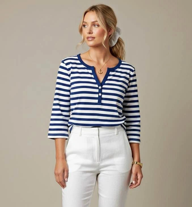 NEW Blue White Striped Size Large Henley Top Nautical Core 3/4 S