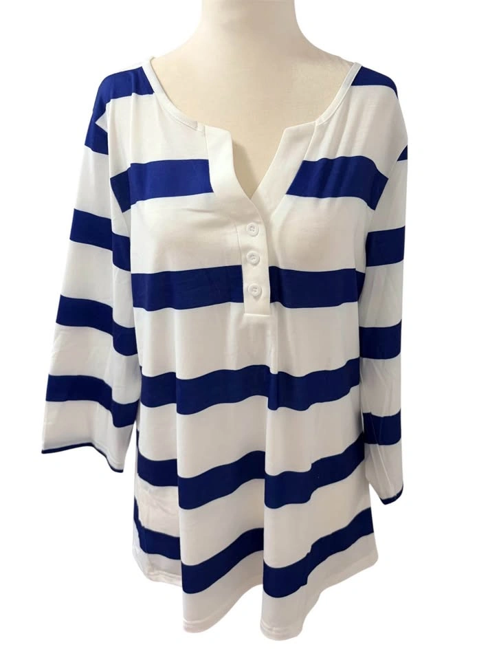 NEW Blue White Striped Size Large Henley Top Nautical Core 3/4 S - photo 2