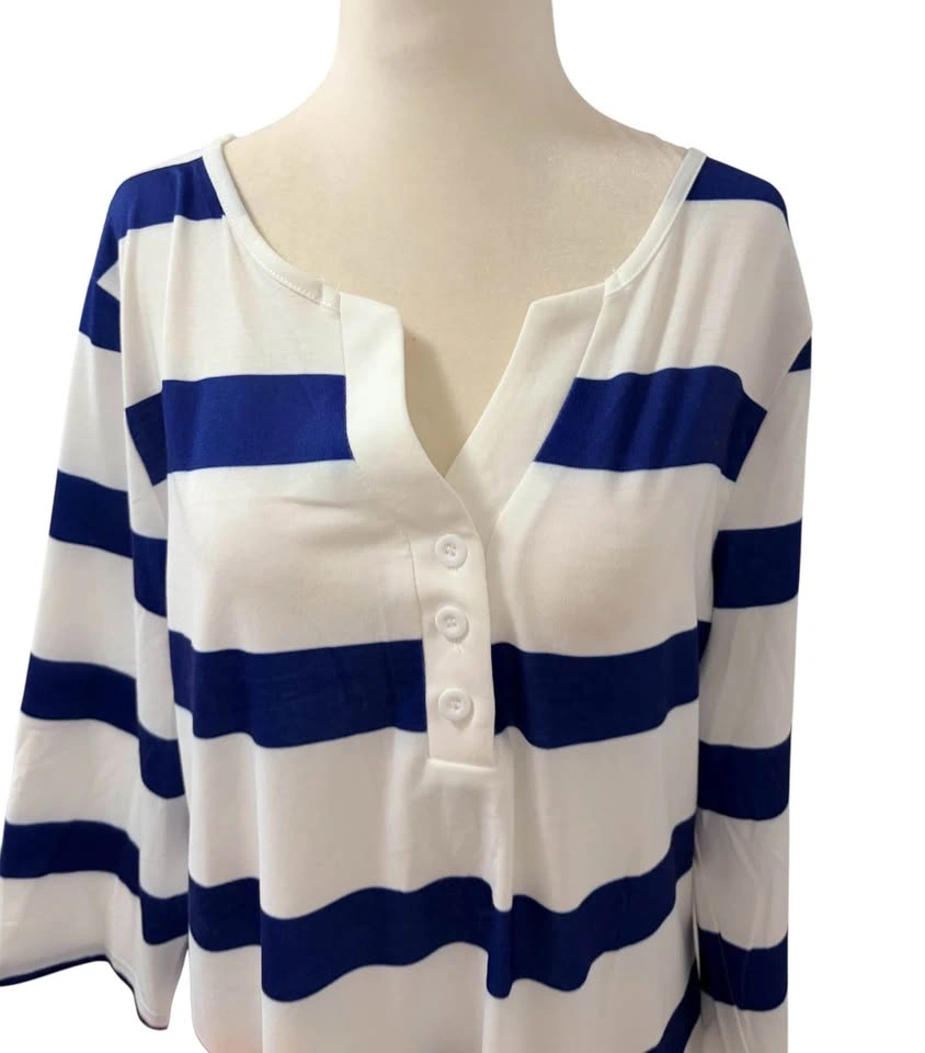 NEW Blue White Striped Size Large Henley Top Nautical Core 3/4 S - photo 3