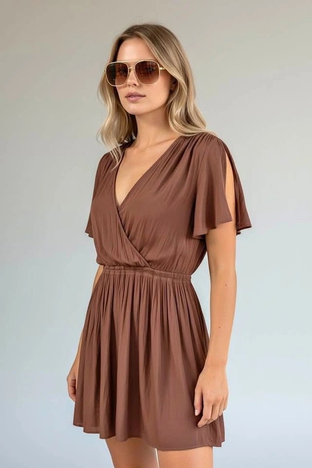 Wilfred Aritzia Brown Mini Dress XS Wrap V-Neck Short Sleeve Cas