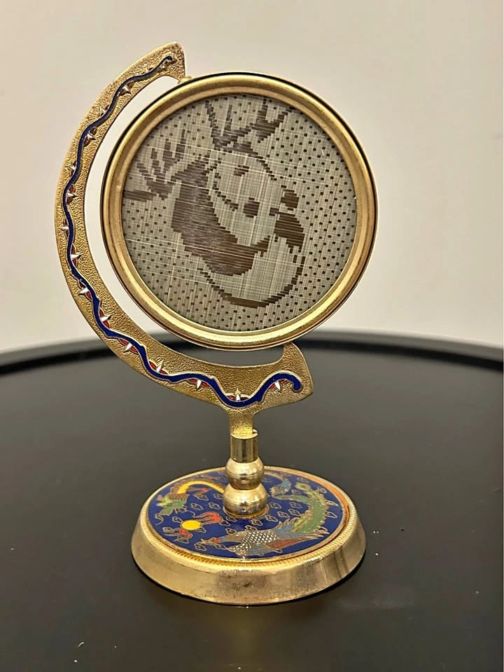 Vintage Chinese Silk Embroidery Rotating Brass Cloisonné Frame