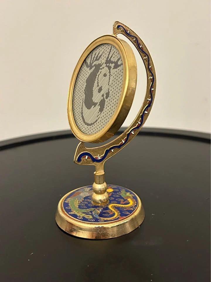 Vintage Chinese Silk Embroidery Rotating Brass Cloisonné Frame - photo 3