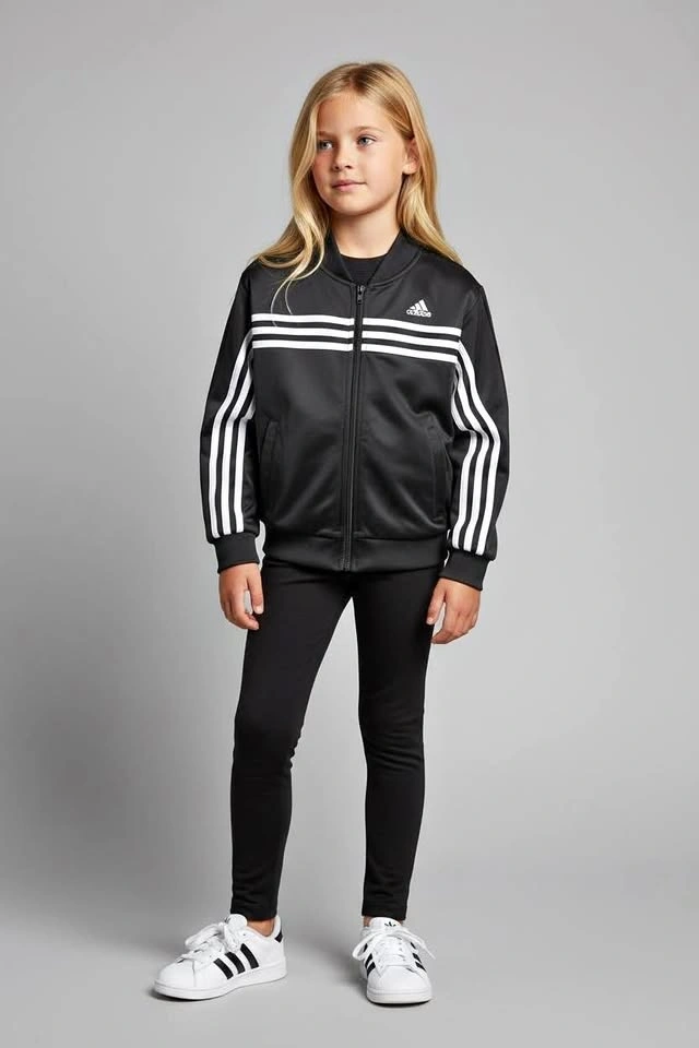 Adidas Girls 7-8 Bat Wing Track Jacket Black White 3 Stripe Zip