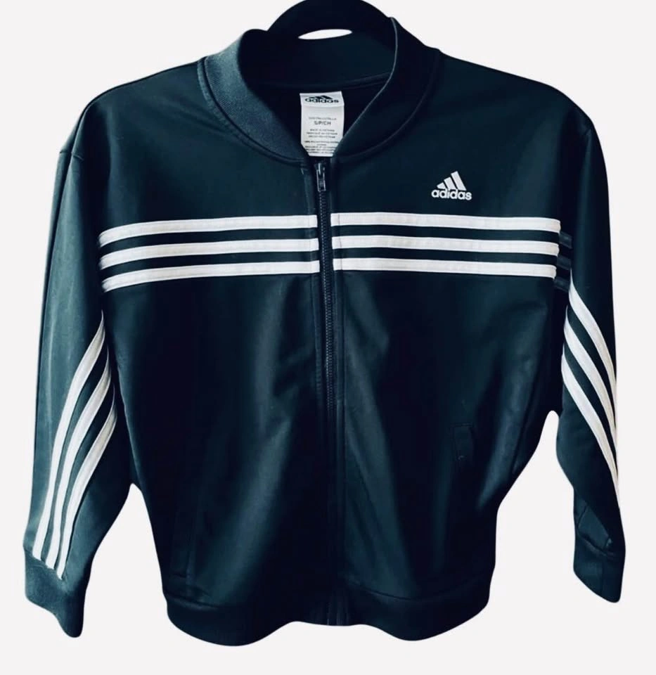 Adidas Girls 7-8 Bat Wing Track Jacket Black White 3 Stripe Zip - photo 2