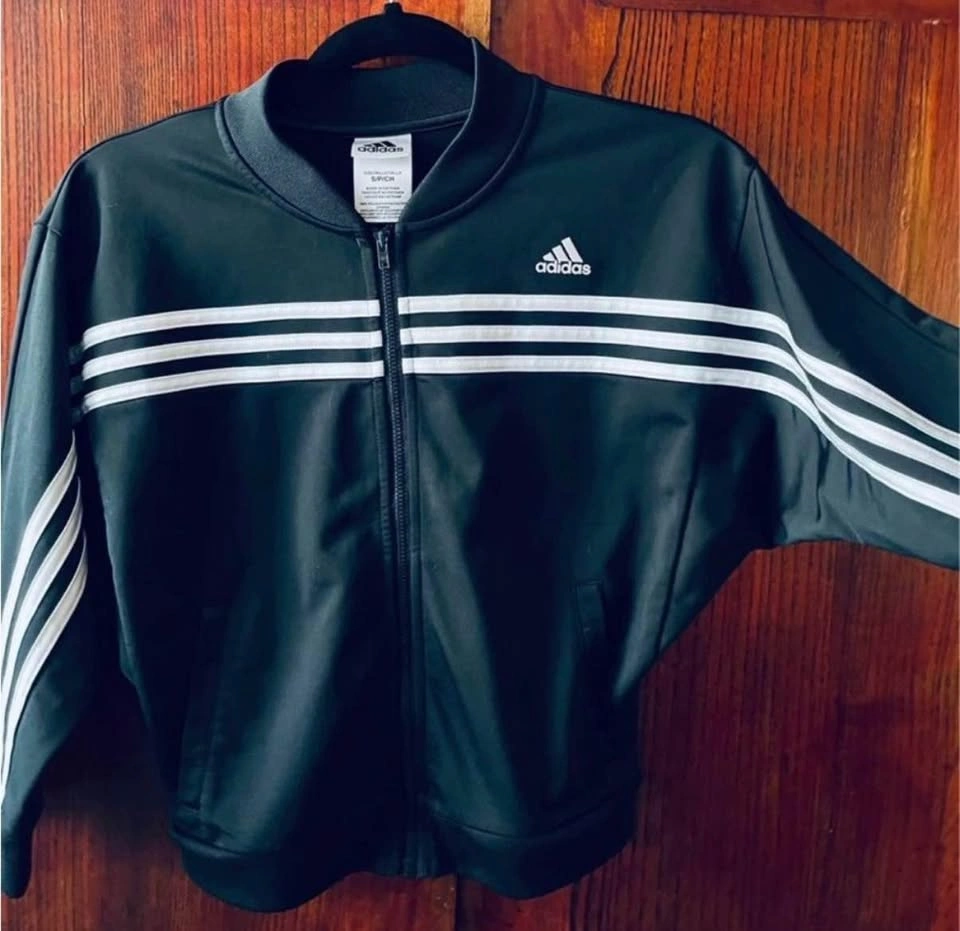 Adidas Girls 7-8 Bat Wing Track Jacket Black White 3 Stripe Zip - photo 3