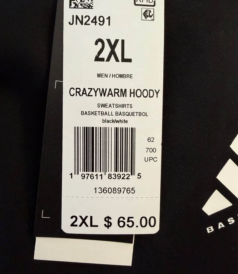 NEW Adidas Basketball 2XL Crazy Warm Hoody Black White Mens Swea - photo 4