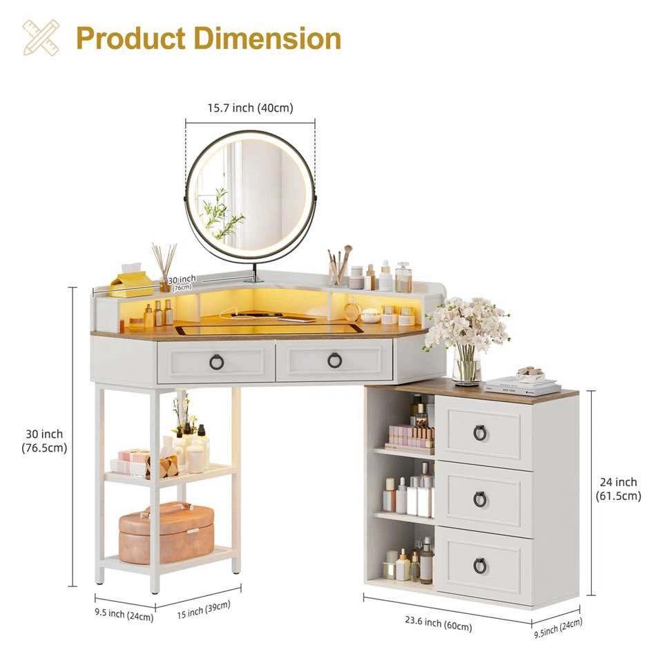 CORNER LED MAKEUP BEDROOM DESK WITH MIRROR - WHITE - photo 2